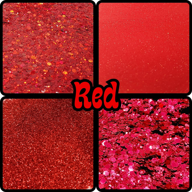 We got it all: fancy fine red glitter, chunky red glitter medleys, iridescent red glitter, red tinsel, red flakes, red biodegradable glitter and red fluro glitter.