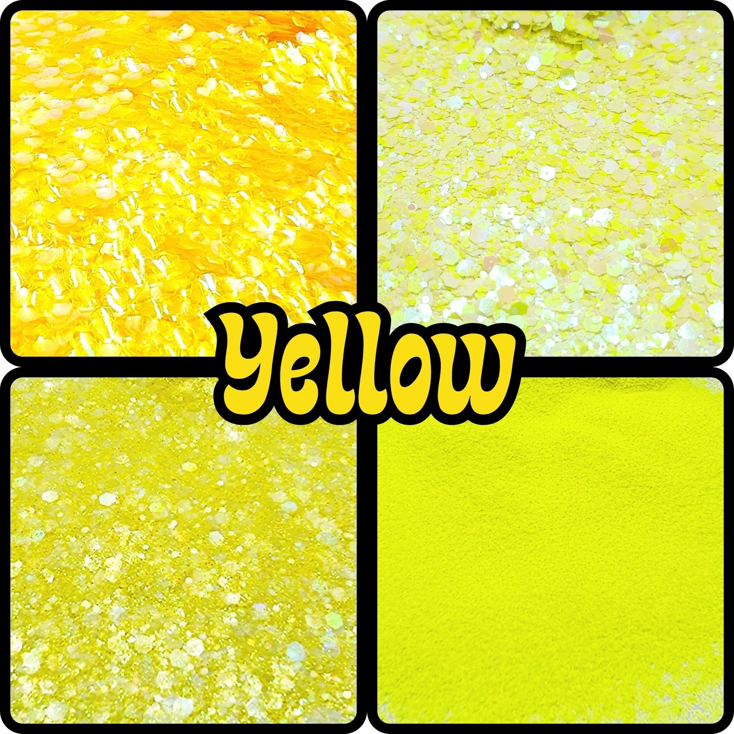Glitter in varying sizes and shades of yellow. From fine yellow to chunky yellow glitter, yellow color-changing to yellow iridescent glitter, yellow matte to yellow fluro glitter!