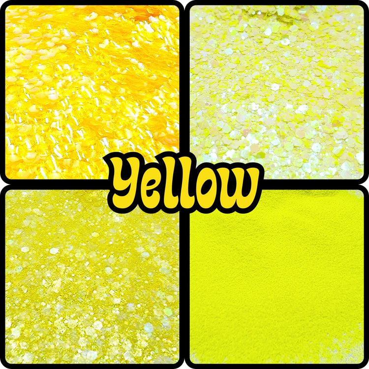 Glitter in varying sizes and shades of yellow. From fine yellow to chunky yellow glitter, yellow color-changing to yellow iridescent glitter, yellow matte to yellow fluro glitter!