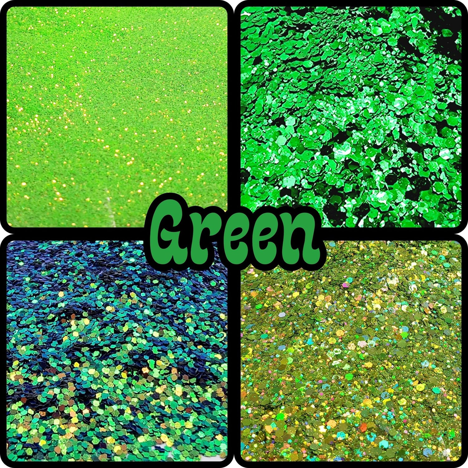 Varying shades and sizes of green glitter. From fine or green chunky glitter, green biodegradable sparkles and green flake or a subtle fluro-holographic shine! Glow with green color-changing or glow-in-the-dark glitter, or iridescent greens. 