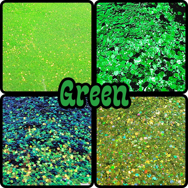 Varying shades and sizes of green glitter. From fine or green chunky glitter, green biodegradable sparkles and green flake or a subtle fluro-holographic shine! Glow with green color-changing or glow-in-the-dark glitter, or iridescent greens. 