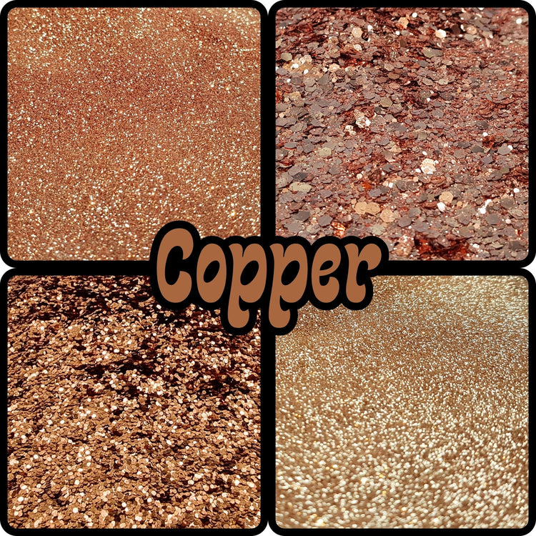Fine copper glitter and chunky copper glitter mixes. Shine on brightly! Perfect for daring disco festivals, boho weddings, or just jazzing up your everyday look. 