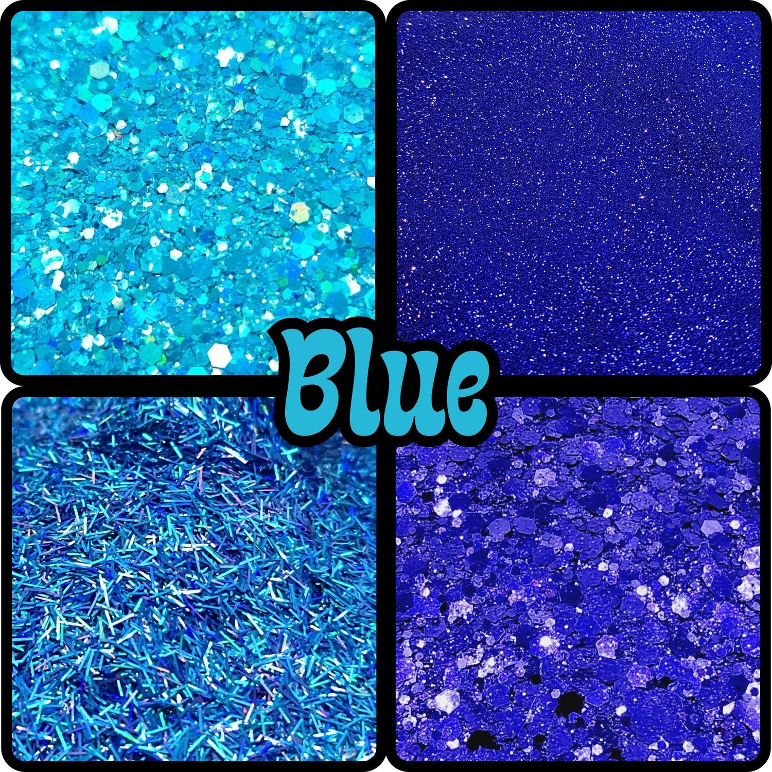 Varying shapes and shades of blue glitter - from fine blue to blue colour-changing glitter, iridescent blue glitz to blue matte magic - plus lots of shiny treats like blue tinsel, flake, bio glitter, and fluro and blue holographic hues!