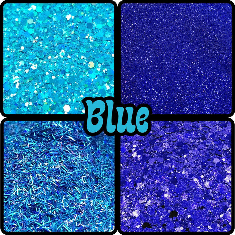 Varying shapes and shades of blue glitter - from fine blue to blue colour-changing glitter, iridescent blue glitz to blue matte magic - plus lots of shiny treats like blue tinsel, flake, bio glitter, and fluro and blue holographic hues!