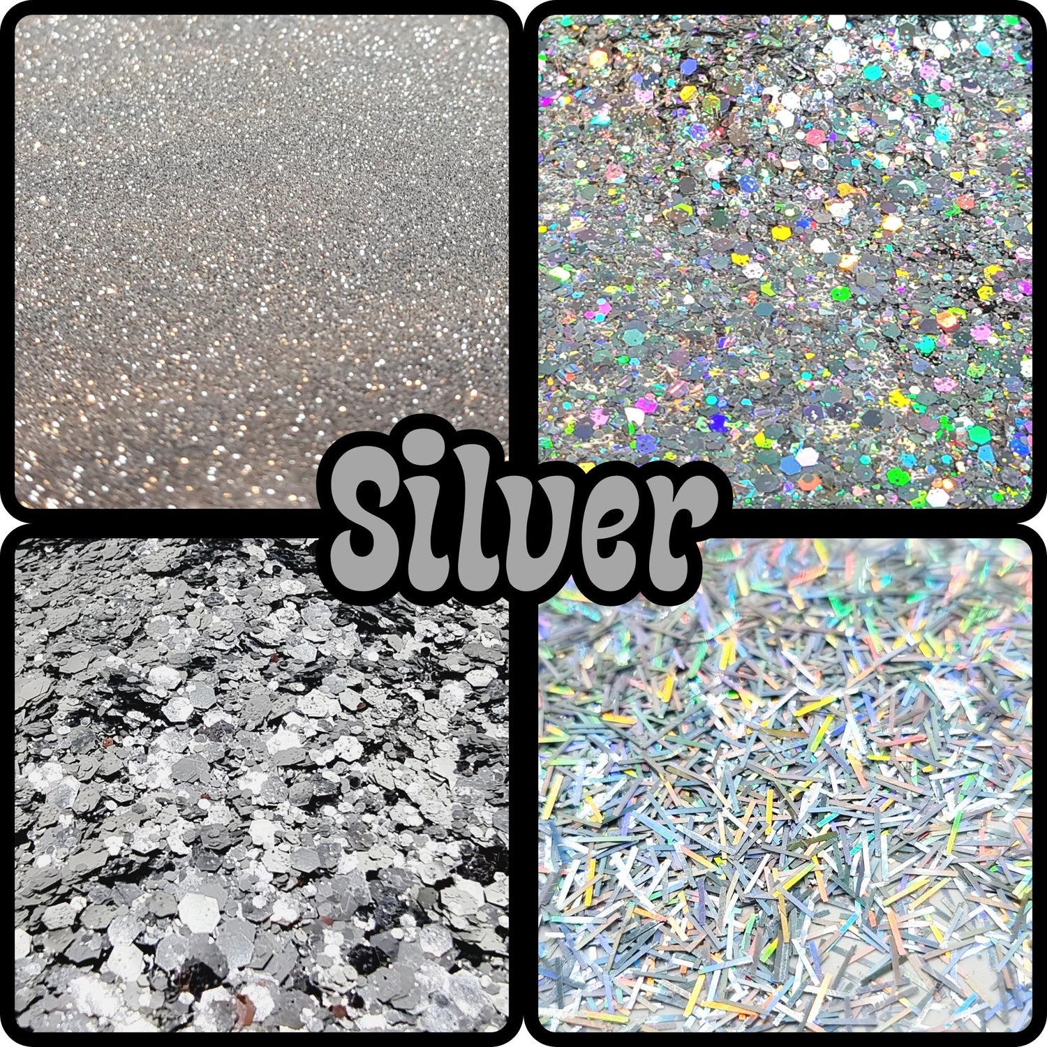 Shine bright like a diamond! Get your glimmer on with our silver sparkle selection: fine silver glitter, silver chunky glitter mixes, silver tinsel, silver biodegradable glitter, and silver holographic varieties. Light up your life!