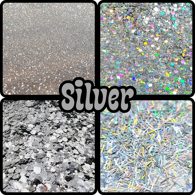 Shine bright like a diamond! Get your glimmer on with our silver sparkle selection: fine silver glitter, silver chunky glitter mixes, silver tinsel, silver biodegradable glitter, and silver holographic varieties. Light up your life!
