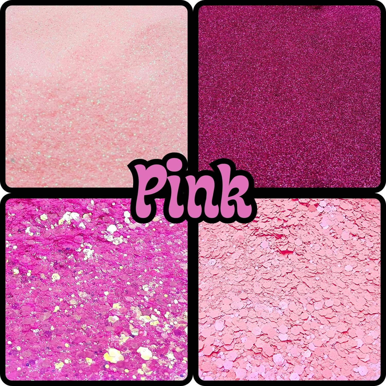 Glitter in all sizes and shades of pink. From fine pink glitter, chunky pink glitter, colour changing pink glitter, iridescent or matte pink glitter, pink tinsel, pink flake, pink biodegradable glitter, pink fluro and holographic pink glitter.