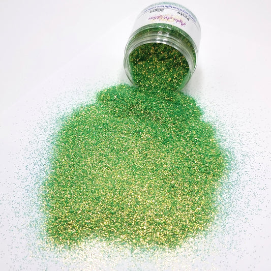 Pesto is a very fine, high sparkling, iridescent green with gold glitter. 