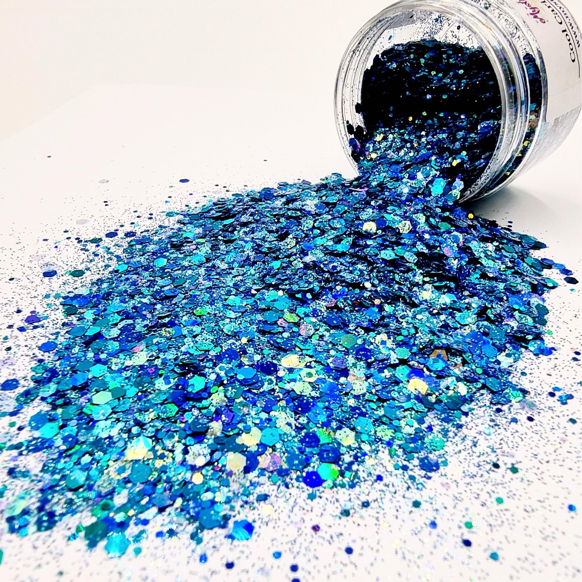 Cool Caribbean is a blue mixed size glitter, showing colours of the rainbow in certain light
