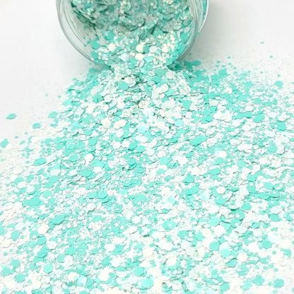 Pyjama Party is an opaque green and white mixed size hex glitter.