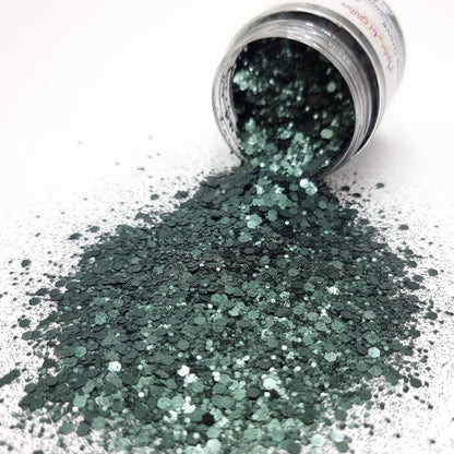 Olive Grove is a dark green, mixed size, metallic hex glitter.
